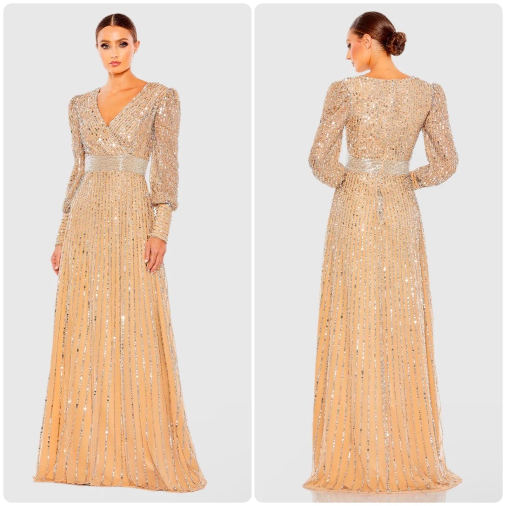 MAC DUGGAL 22 Beige Sequined Wrap Over Bishop Sleeve Gown - Picture 1 of 14